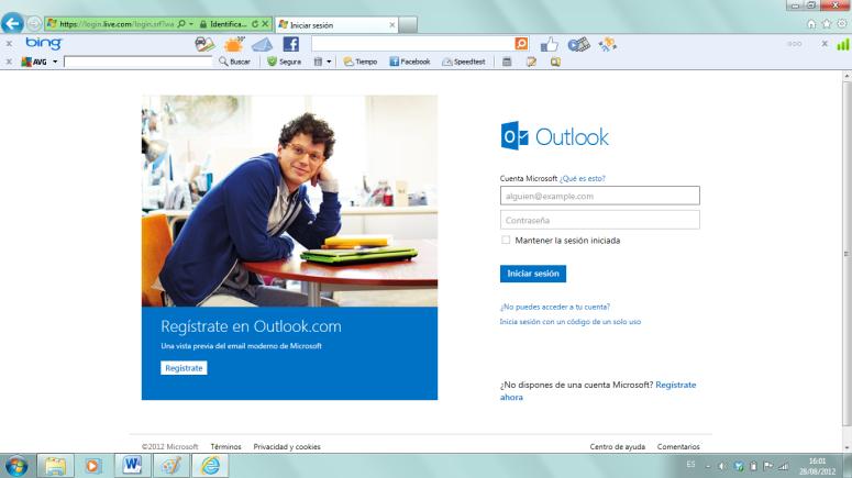 Página de entrada de Outlook.com
